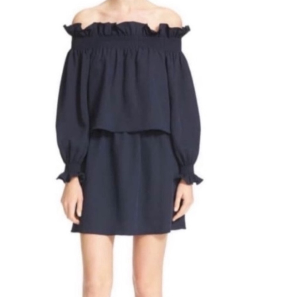 DVF Navy Off the Shoulder Ruffle Dress